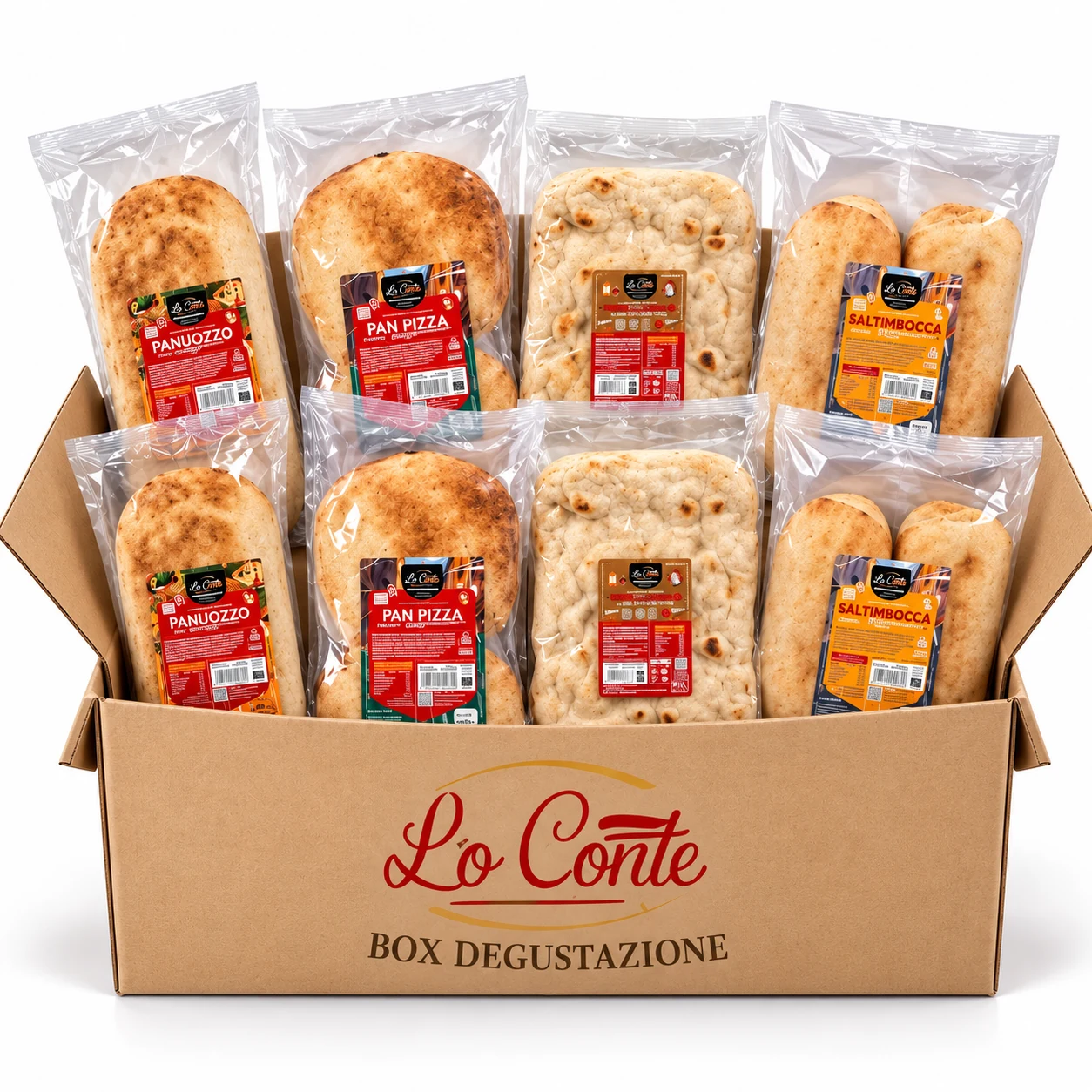 Box Degustazione Lo Conte aperta con otto confezioni di prodotti da forno