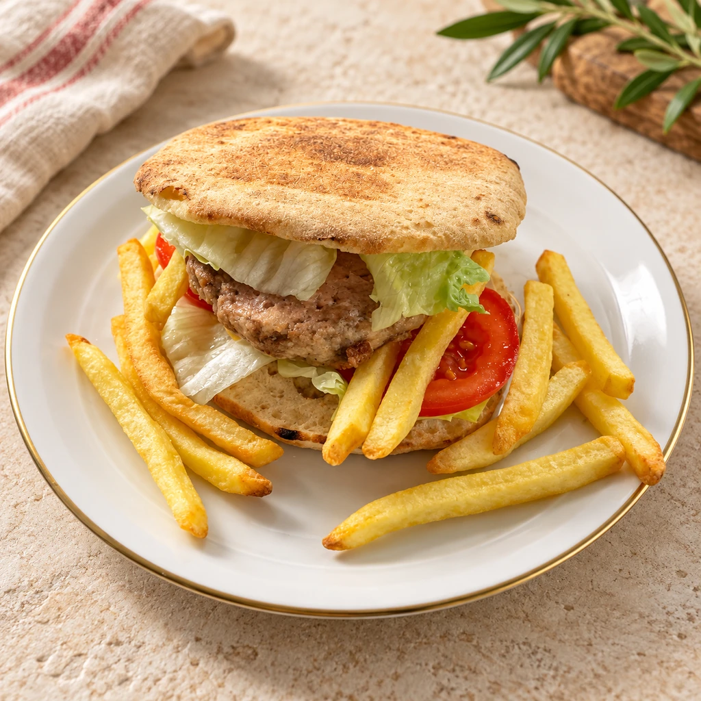 Pan Burger 240g farcito come hamburger, con patatine