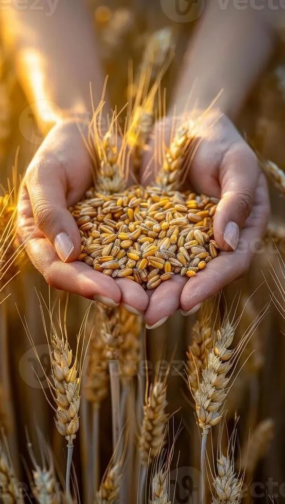 Mani che raccolgono chicchi di grano in un campo di spighe dorate