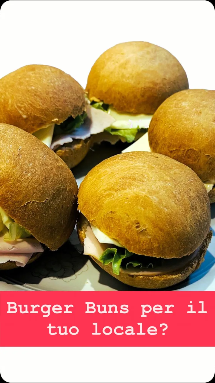 Burger buns farciti con hamburger, formaggio e insalata, con la scritta «Burger Buns per il tuo locale?»